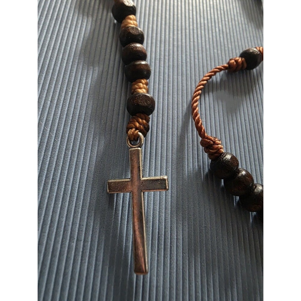 Our Lady of the Rosary of Fatima Silver Metal Cross Wood Beads Necklace Marian - Picture 2 of 8